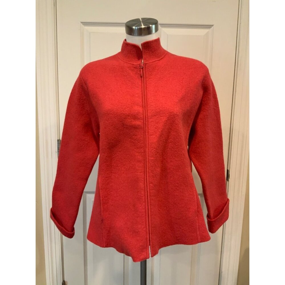 Eileen Fisher Petite Dark Pink Boiled Wool Zip-Up Jacket W/ Pockets, Size LP